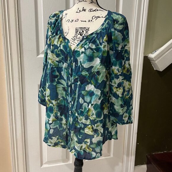 New water floral boho puff sleeves aqua Rayon blouse St. John’s Bay - Picture 2 of 14